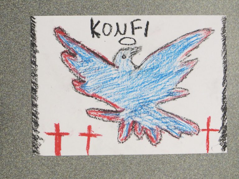 Zeichnung für Konfi gemalte Taube und Kreuz als Symbol für Konfi
